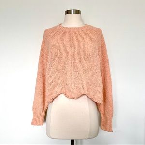 Wavy Scallop Trim Knit Loose Fit Sweater Salmon Pink